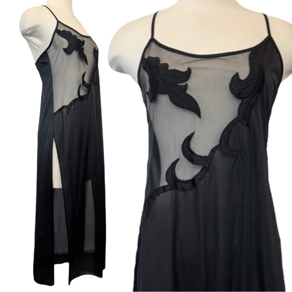Frederick’s of Hollywood Silky Nylon Goth Black Sheer Mesh Maxi Gown Slip Dress